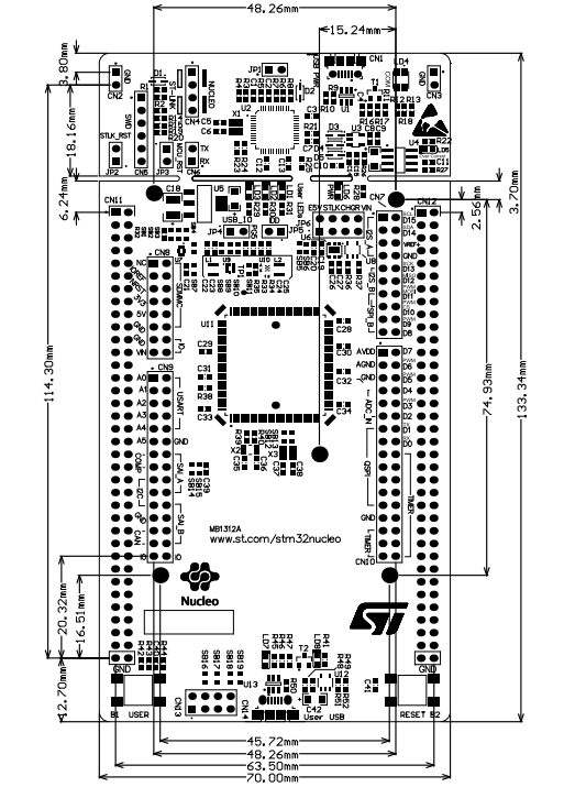 NUCLEO-L4P5ZG: креслення габаритів плати MB1312