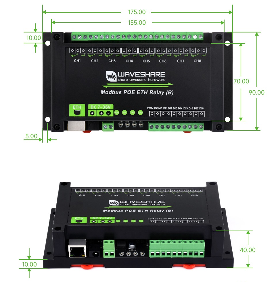 Габаритні розміри Waveshare Modbus POE ETH Relay (B)