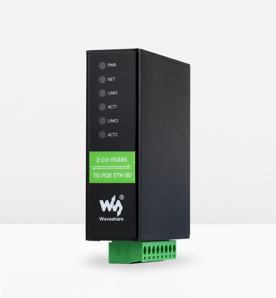 Waveshare 2-CH RS485 TO POE ETH (B) — двоканальний RS485–Ethernet шлюз з PoE Загальний вигляд Waveshare 2-CH RS485 TO POE ETH (B) у корпусі