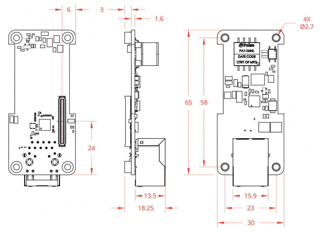 Креслення габаритів Coral PoE Add-on для Dev Board Micro