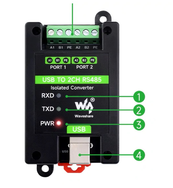 Позначення виводів клемного блоку RS485 адаптера USB TO 2CH RS485