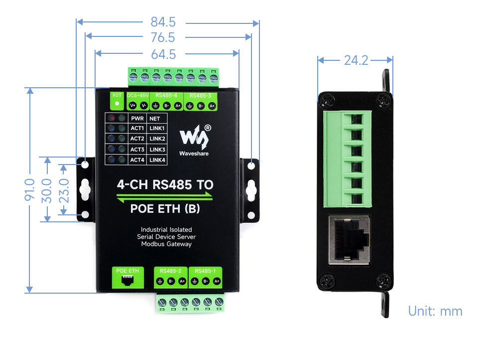 Габаритні розміри адаптера 4-CH RS485 TO POE ETH (B)