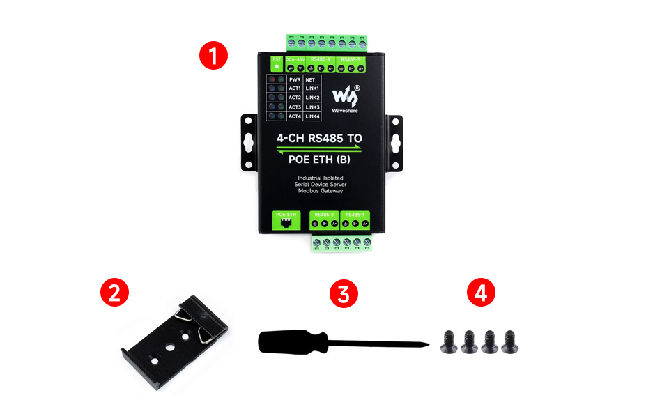 Комплект поставки адаптера Waveshare 4-CH RS485 TO POE ETH (B)