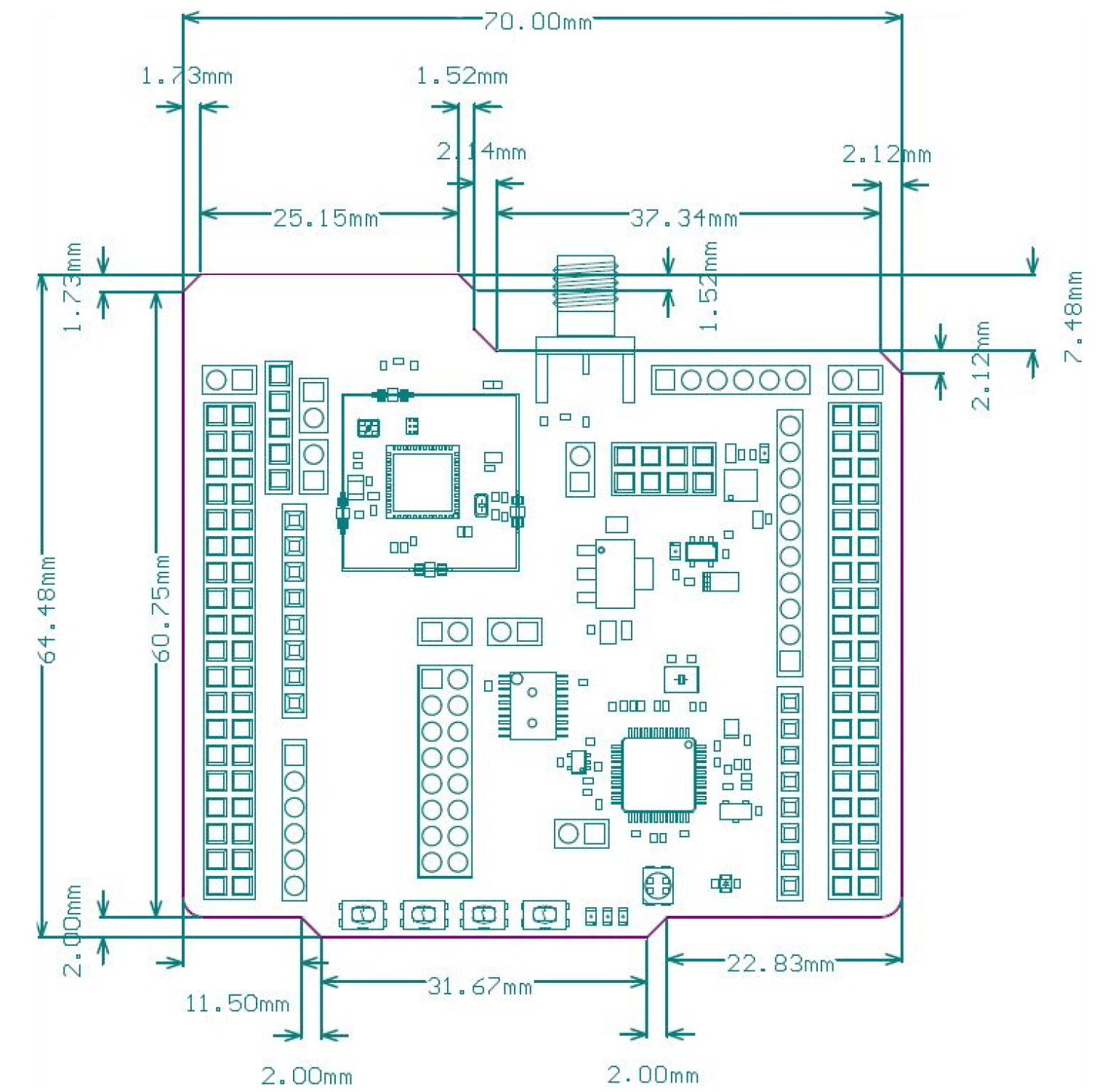 NUCLEO-WB15CC: креслення габаритів