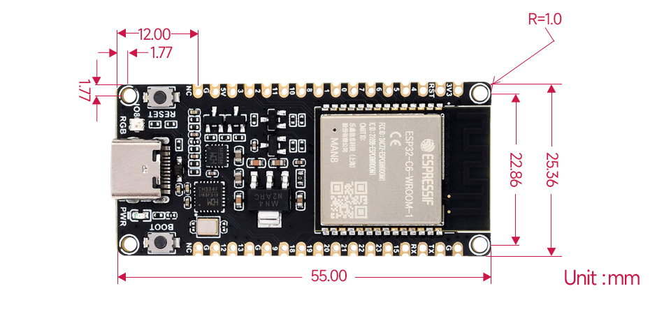 Габарити ESP32-C6-DEV-KIT-N8