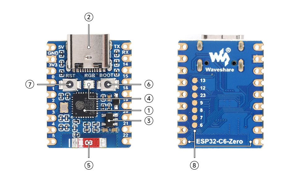 Елементи плати ESP32-C6 Zero Mini Development Board Розташування основних елементів ESP32-C6 Zero Mini Development Board