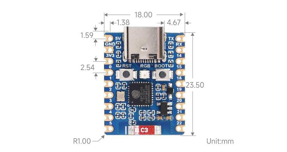 Габарити ESP32-C6 Zero Mini Development Board Габаритні розміри плати ESP32-C6 Zero Mini Development Board