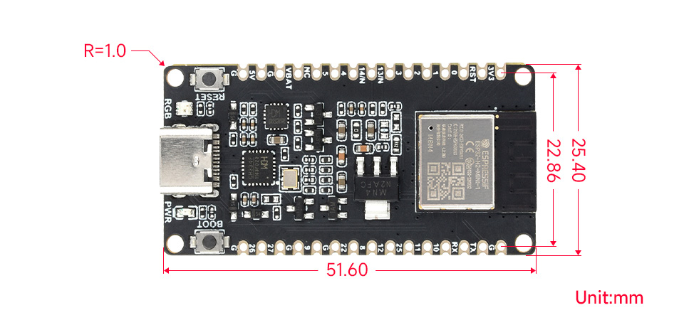 Габарити ESP32-H2-DEVKIT-N4 Габаритні розміри плати ESP32-H2-DEVKIT-N4