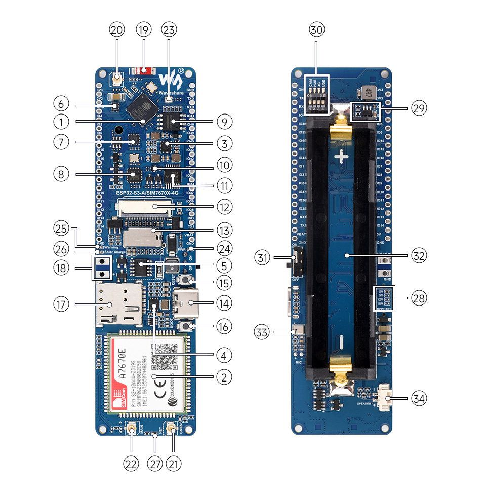 Розташування елементів на платі ESP32-S3-A7670E-4G