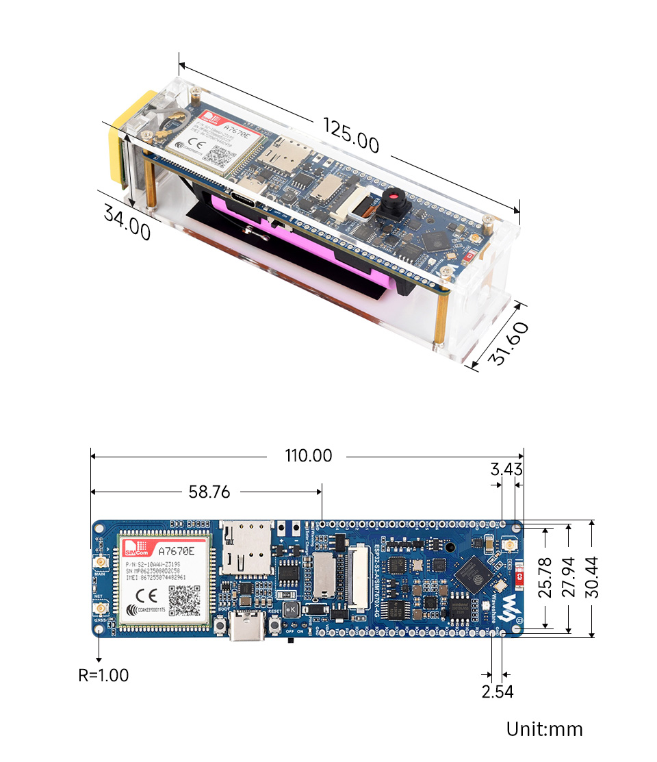 Габаритні розміри плати ESP32-S3-A7670E-4G