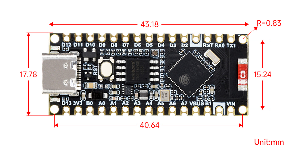 Габарити ESP32-S3 Nano в міліметрах