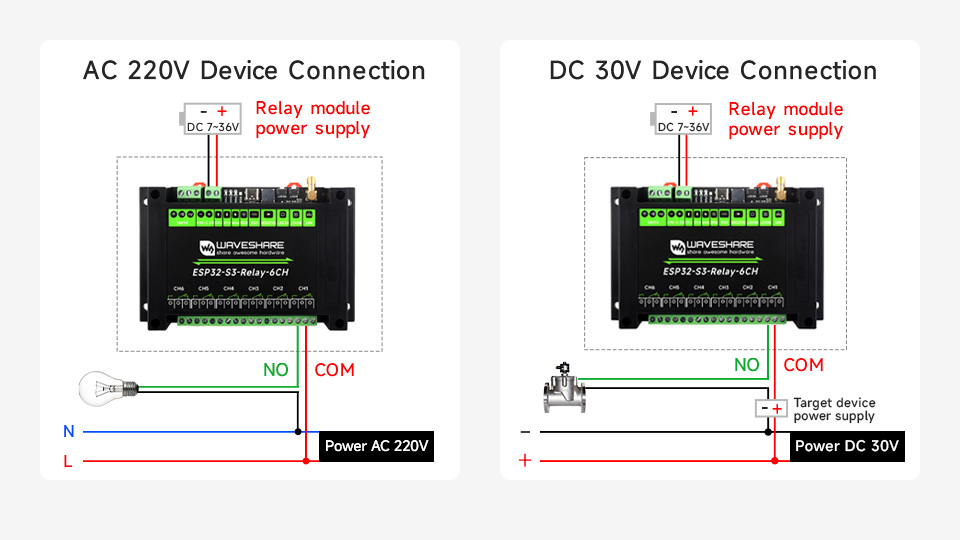 Приклад підключення навантажень до реле ESP32-S3 Relay 6CH