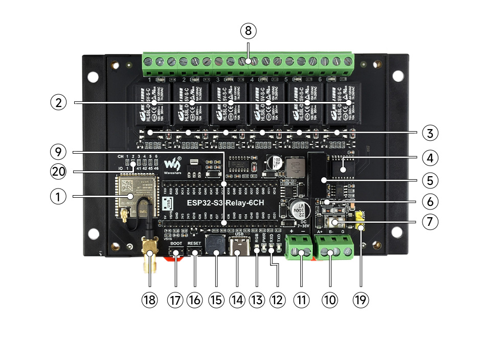 Схематичне розташування елементів на платі ESP32-S3 Relay 6CH