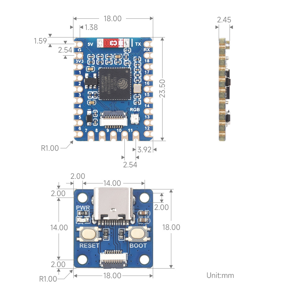Габарити ESP32-S3 Tiny в міліметрах