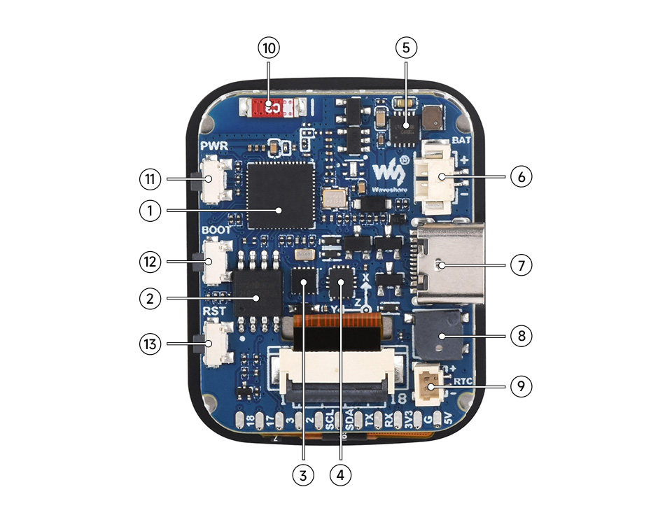 Загальний вигляд плати ESP32-S3-Touch-LCD-1.69 від Waveshare Плата ESP32-S3-Touch-LCD-1.69, загальний вигляд