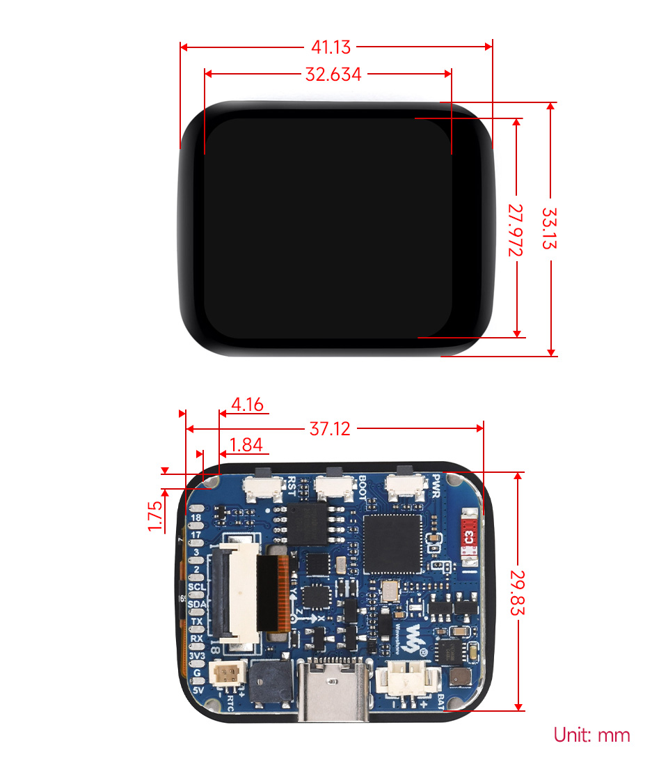 Габарити плати ESP32-S3-Touch-LCD-1.69 — 41,13 мм x 33,13 мм Габаритні розміри плати ESP32-S3-Touch-LCD-1.69