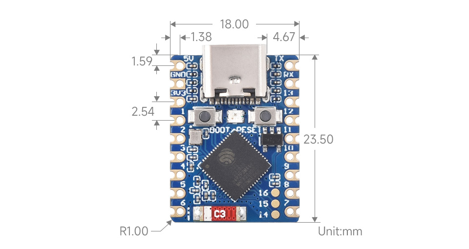 Розміри ESP32-S3 Mini Development Board (25081) ESP32-S3 Mini Development Board (25081) габаритні розміри плати