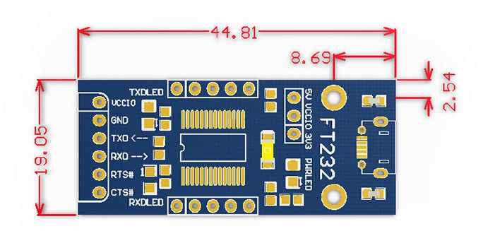 Габаритні розміри адаптера Waveshare FT232 USB UART Board Micro