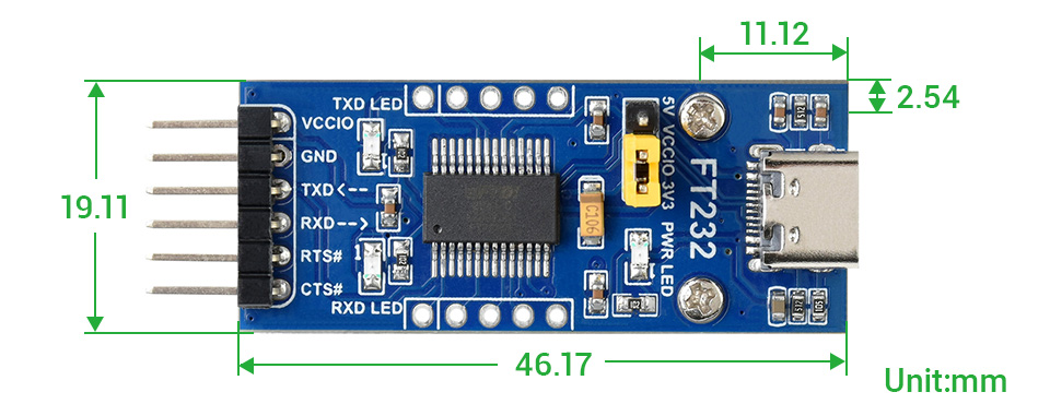 Габаритні розміри плати FT232 USB UART Board Type C