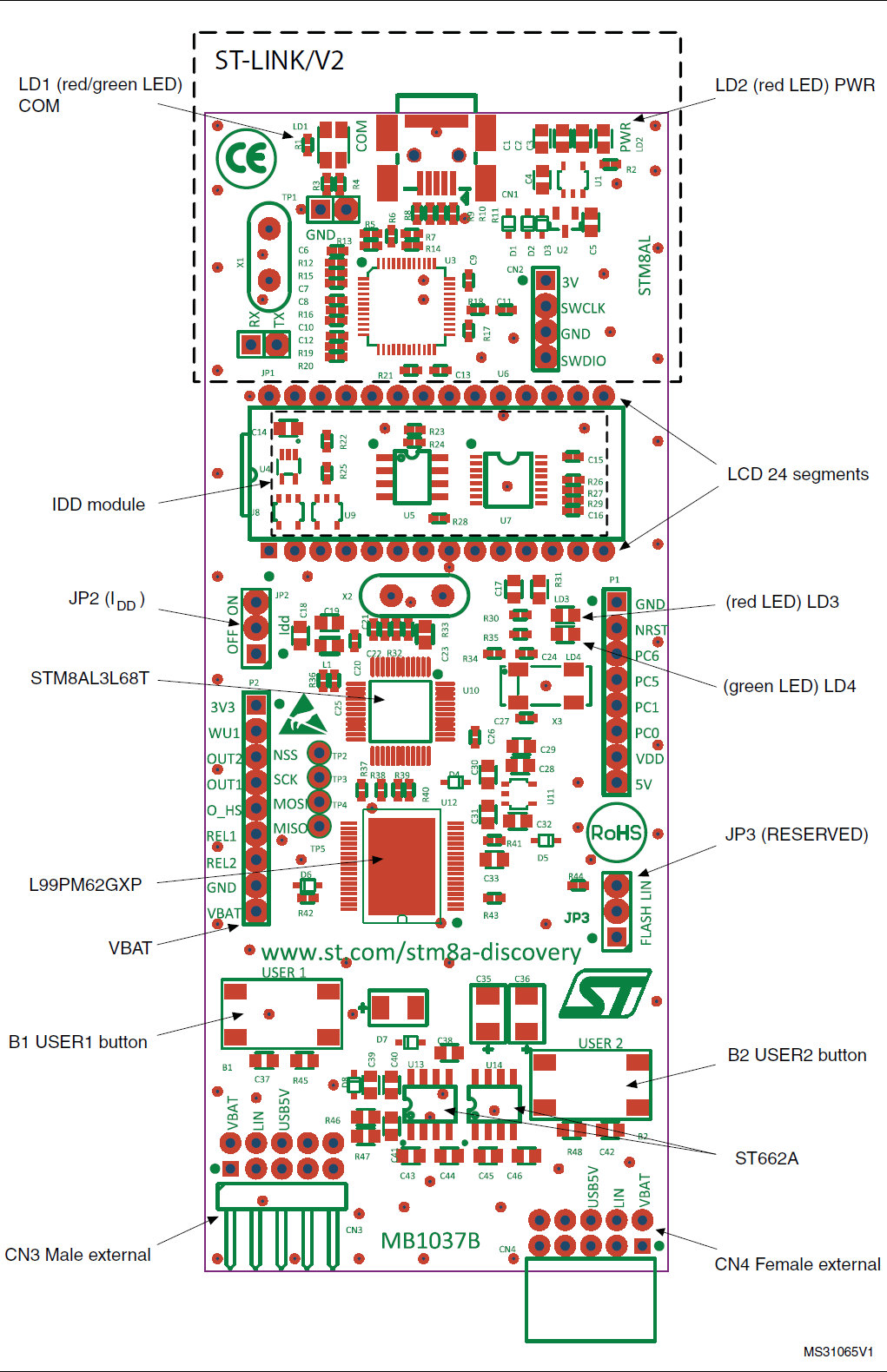 STM8A-DISCOVERY STM8AL — елементи плати
