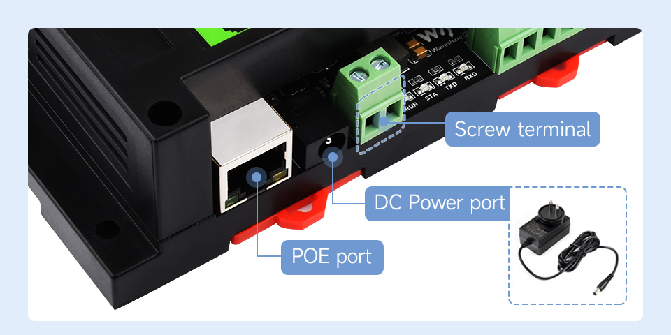 Варіанти живлення Waveshare Modbus POE ETH Relay: DC, гвинтовий термінал, PoE