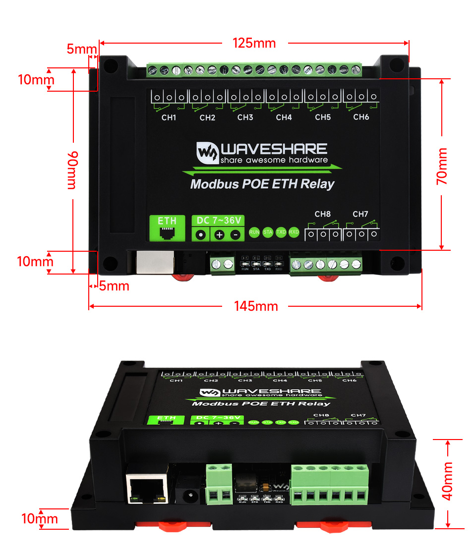 Розміри корпусу Waveshare Modbus POE ETH Relay