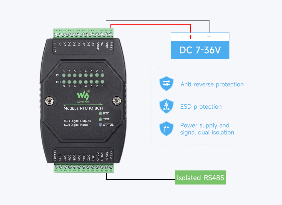 Живлення та ізольований інтерфейс RS485 у модулі Modbus RTU IO 8CH