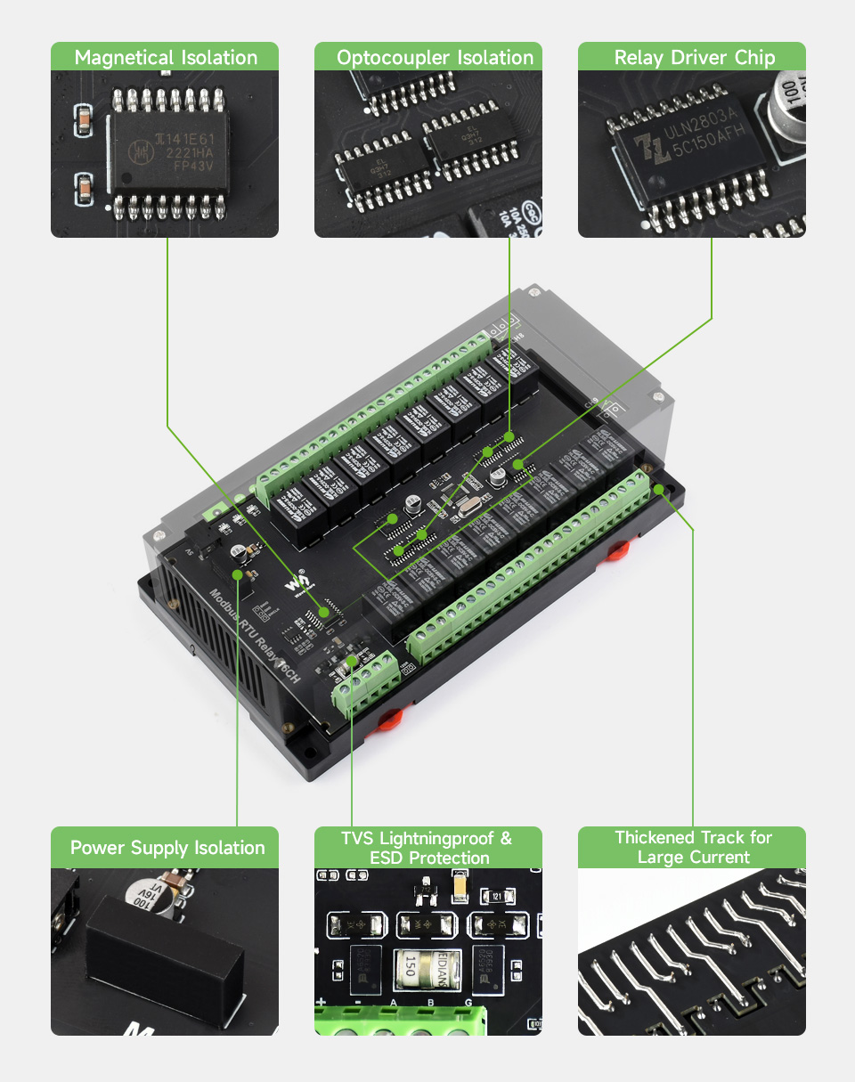 Схема вбудованого захисту релейного модуля Waveshare Modbus RTU Relay 16CH