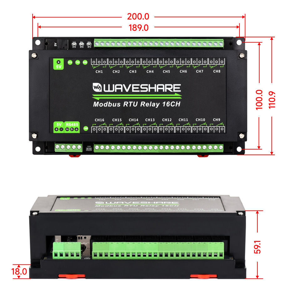 Габаритні розміри модуля Waveshare Modbus RTU Relay 16CH