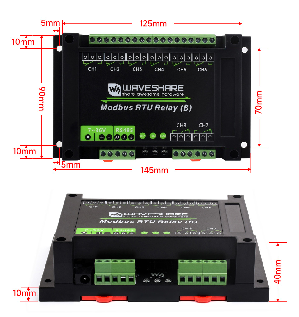 Габаритний кресленик модуля Waveshare Modbus RTU Relay (B)