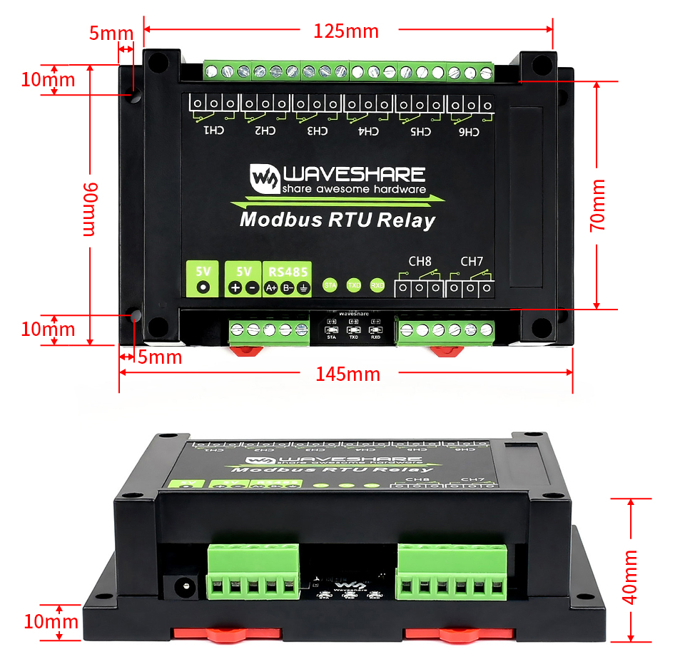 Габаритні розміри корпусу Waveshare Modbus RTU Relay