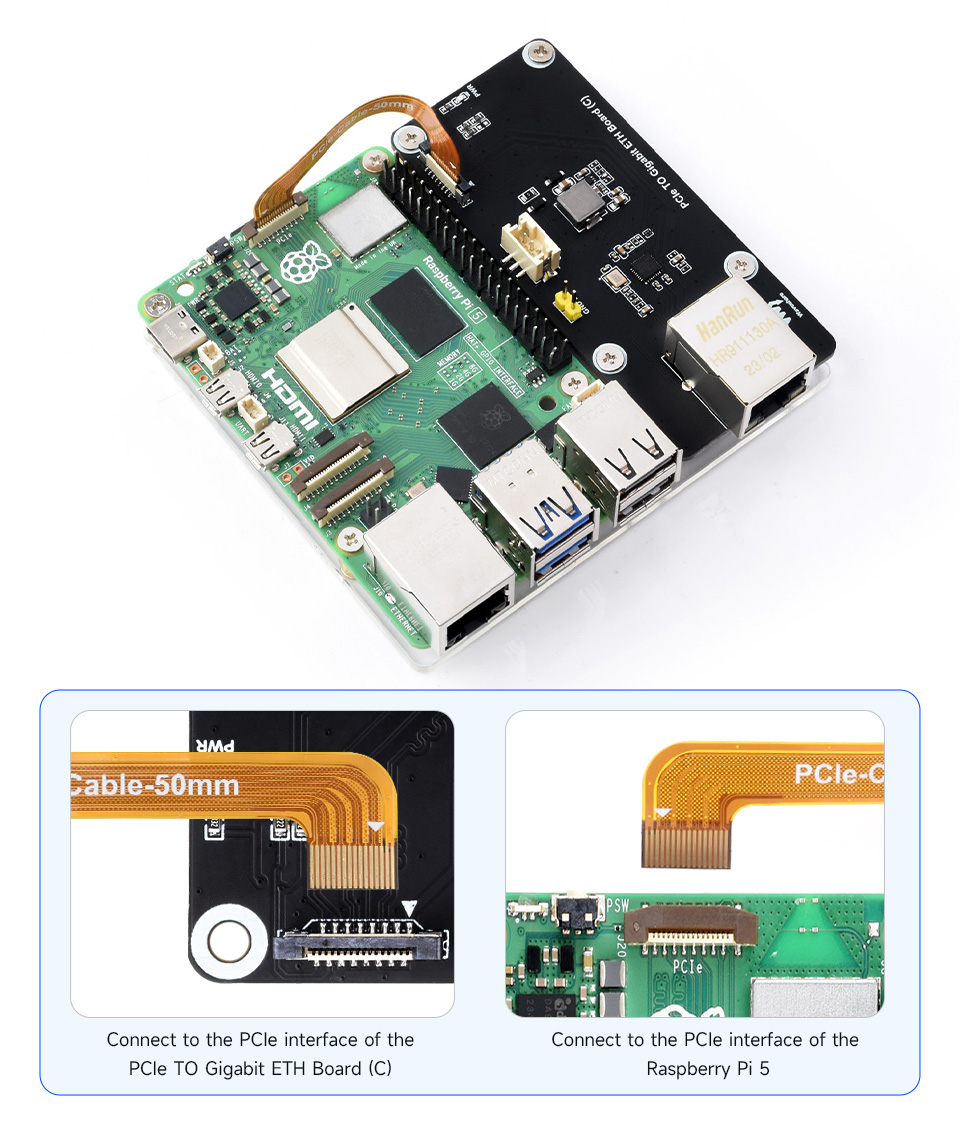 Підключення PCIe TO Gigabit ETH Board (C) до Raspberry Pi 5 Схема підключення PCIe TO Gigabit ETH Board (C) до Raspberry Pi 5
