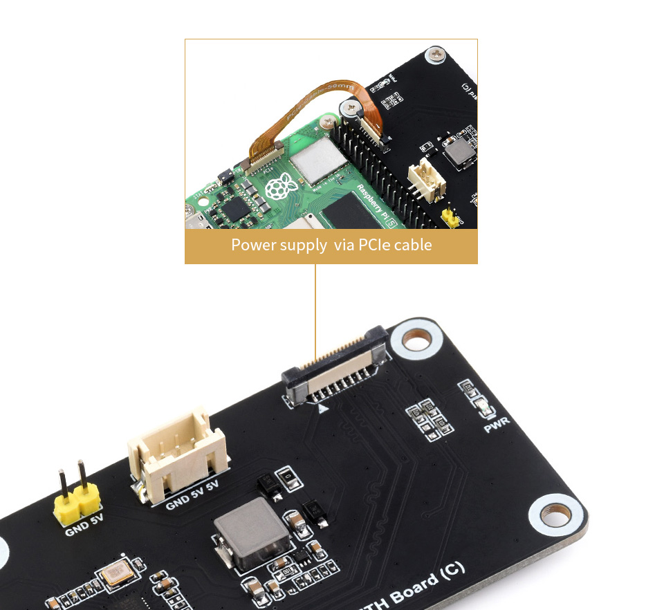 Підтримка живлення через кабель PCIe Живлення Waveshare PCIe TO Gigabit ETH Board (C) через кабель PCIe