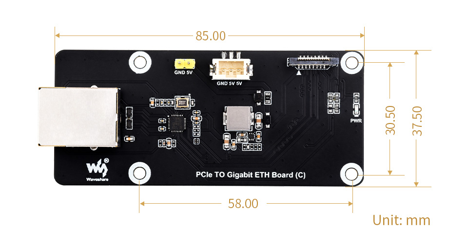 Розміри Waveshare PCIe TO Gigabit ETH Board (C) Габаритні розміри плати PCIe TO Gigabit ETH Board (C)