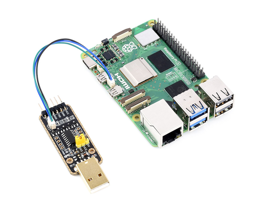 Підключення Pi UART Debugger до UART debug роз’єму Raspberry Pi 5 Підключення Pi UART Debugger до роз’єму налагодження UART Raspberry Pi 5 через 3-контактний кабель SH1.0