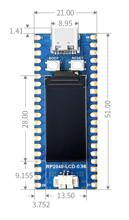 Габаритні розміри плати Waveshare RP2040-LCD-0.96