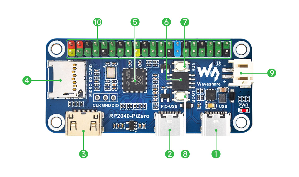 Плата розробника Waveshare RP2040-PiZero Development Board (25506) вигляд зверху