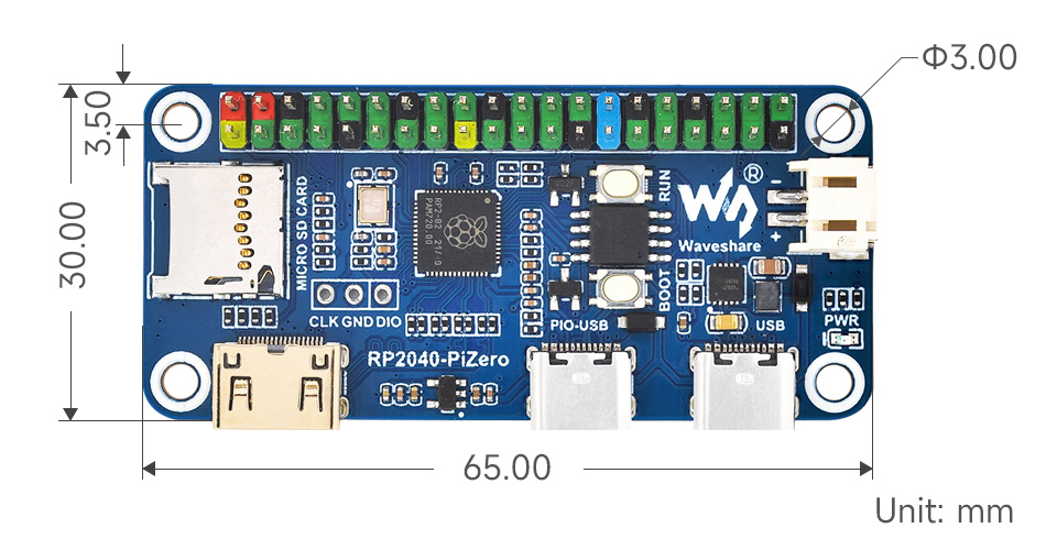 Габаритні розміри плати Waveshare RP2040-PiZero 65×30 мм