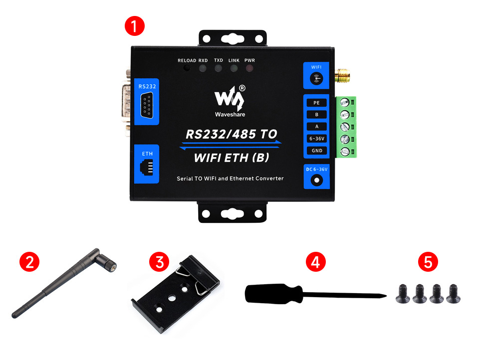 Комплект поставки адаптера Waveshare RS232/485 TO WIFI ETH (B)