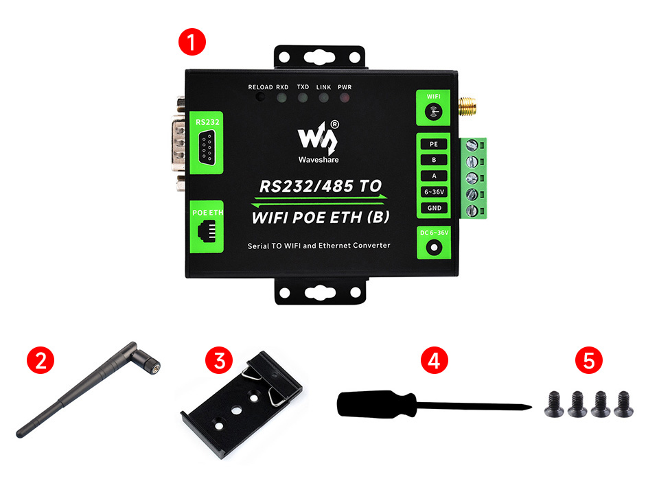 Комплект поставки адаптера RS232 485 TO WIFI POE ETH B