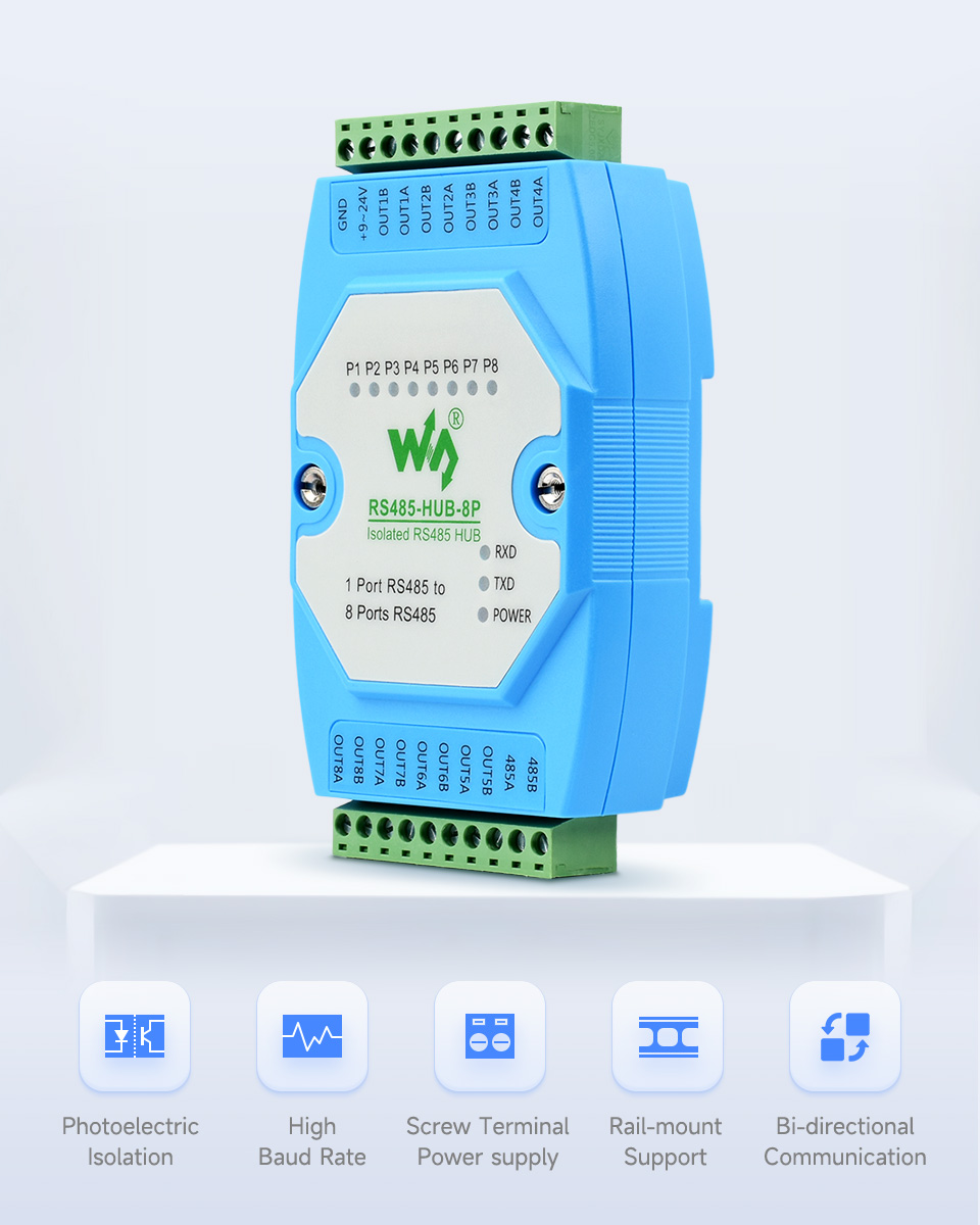 Концентратор 8-канальний промислового класу RS485 Waveshare 24271 Концентратор 8-канальний промислового класу RS485 Waveshare 24271, вигляд та клеми підключення