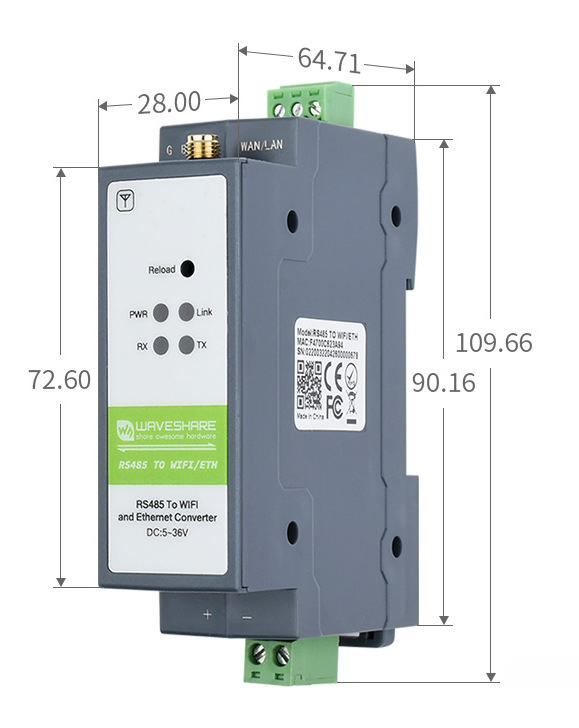 Розміри RS485 TO WIFI/ETH Габаритні розміри корпусу RS485 TO WIFI/ETH