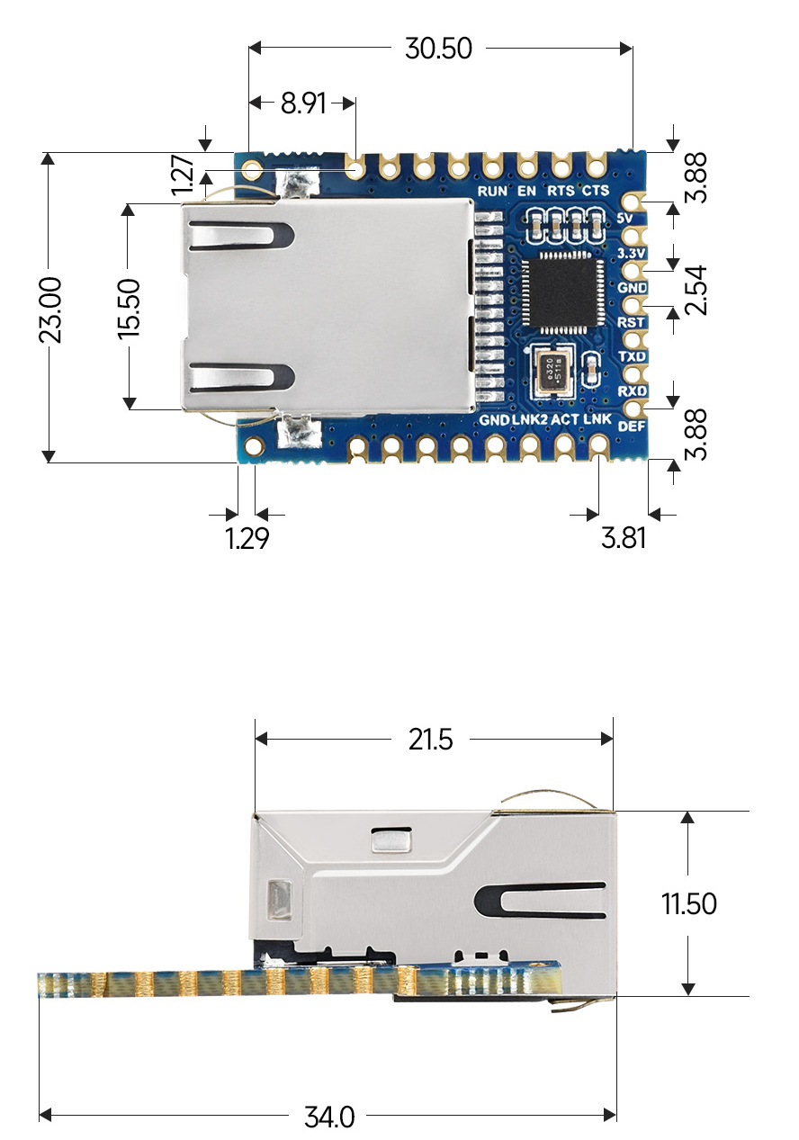 Габаритні розміри модуля TTL UART to Ethernet Mini Module
