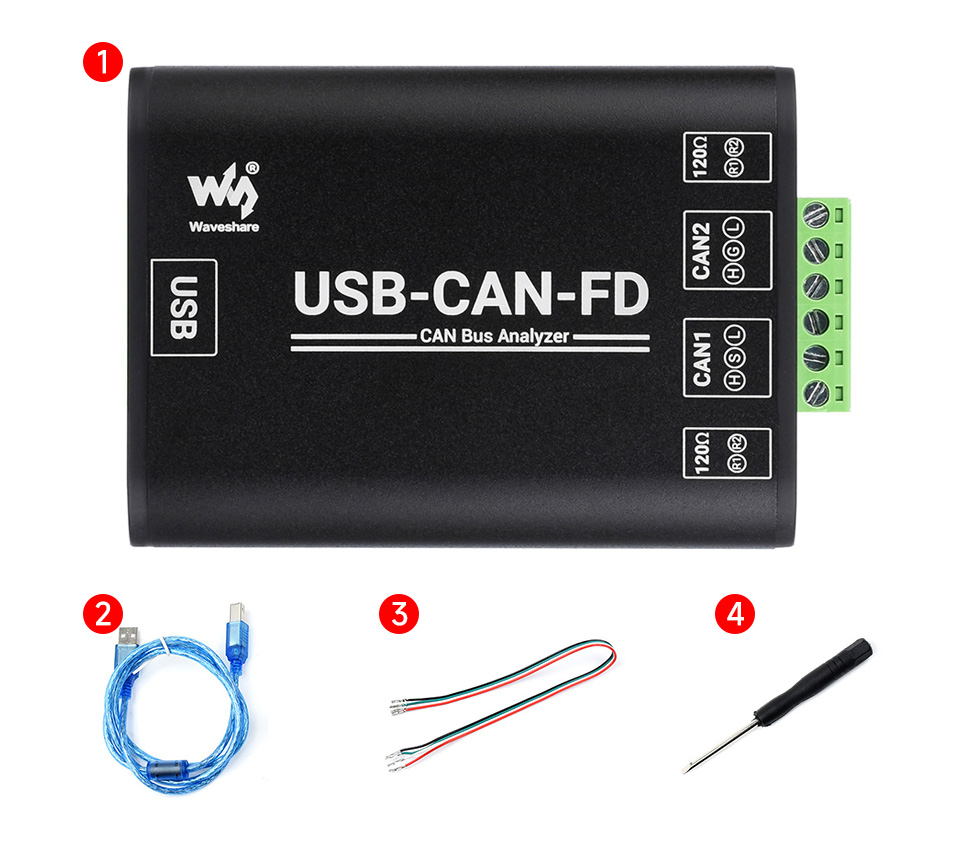 Комплект поставки адаптера USB-CAN-FD від Waveshare