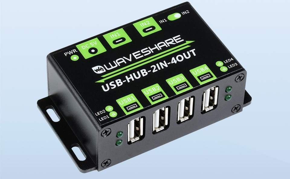 USB-HUB-2IN-4OUT-EU промисловий USB концентратор Зовнішній вигляд USB-хаба Waveshare USB-HUB-2IN-4OUT-EU з металевим корпусом