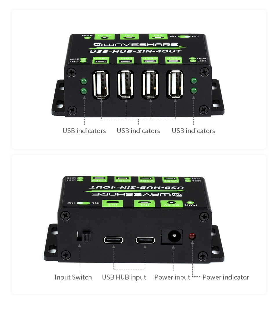 Інтерфейси USB-HUB-2IN-4OUT-EU Розташування інтерфейсів на USB-HUB-2IN-4OUT-EU