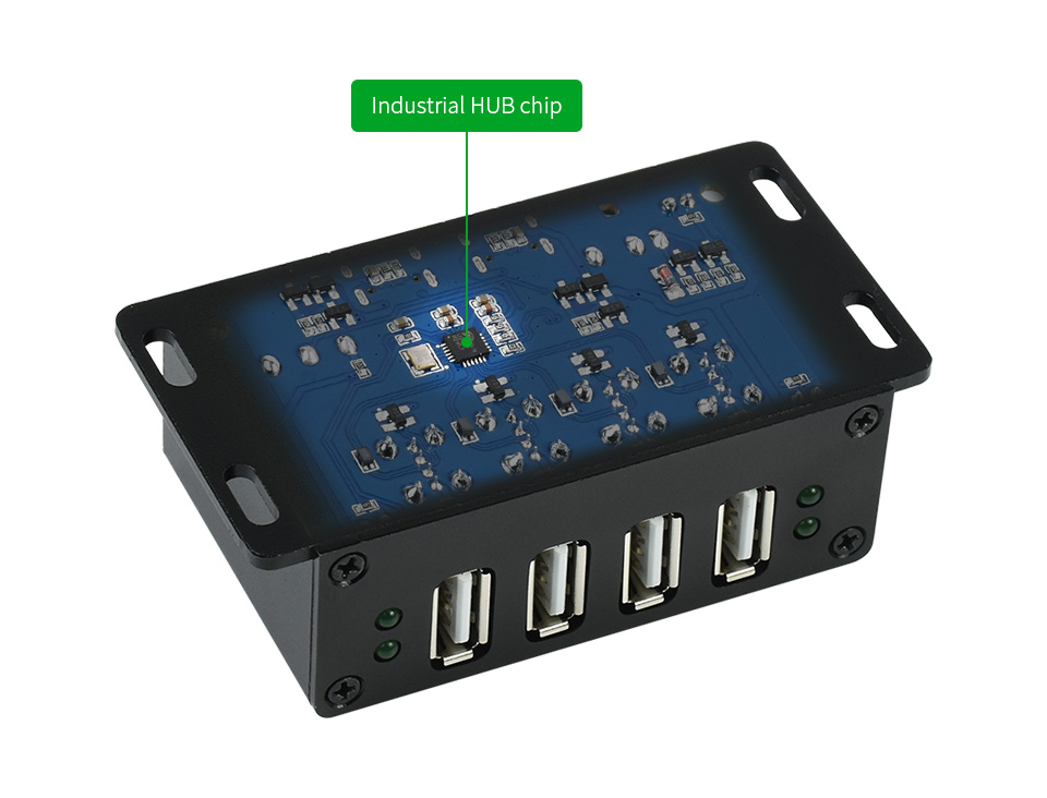USB-HUB-2IN-4OUT-EU інтерфейси та корпус USB-хаб Waveshare USB-HUB-2IN-4OUT-EU, вигляд зверху та з боків