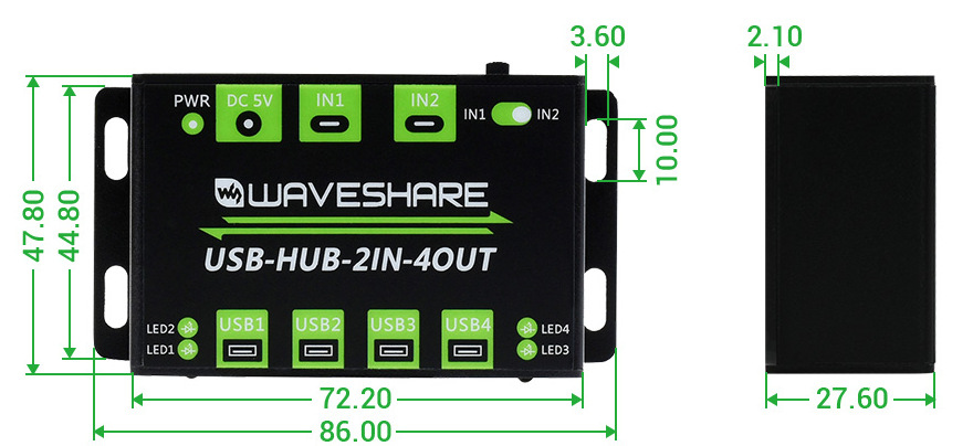 Розміри USB-HUB-2IN-4OUT-EU Габаритні розміри корпусу USB-HUB-2IN-4OUT-EU Waveshare