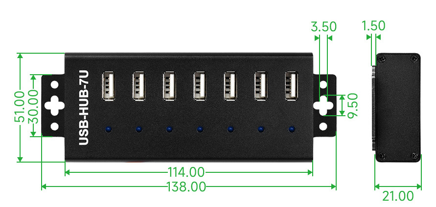 Розміри Waveshare USB-HUB-7U Габаритні розміри корпусу USB-HUB-7U