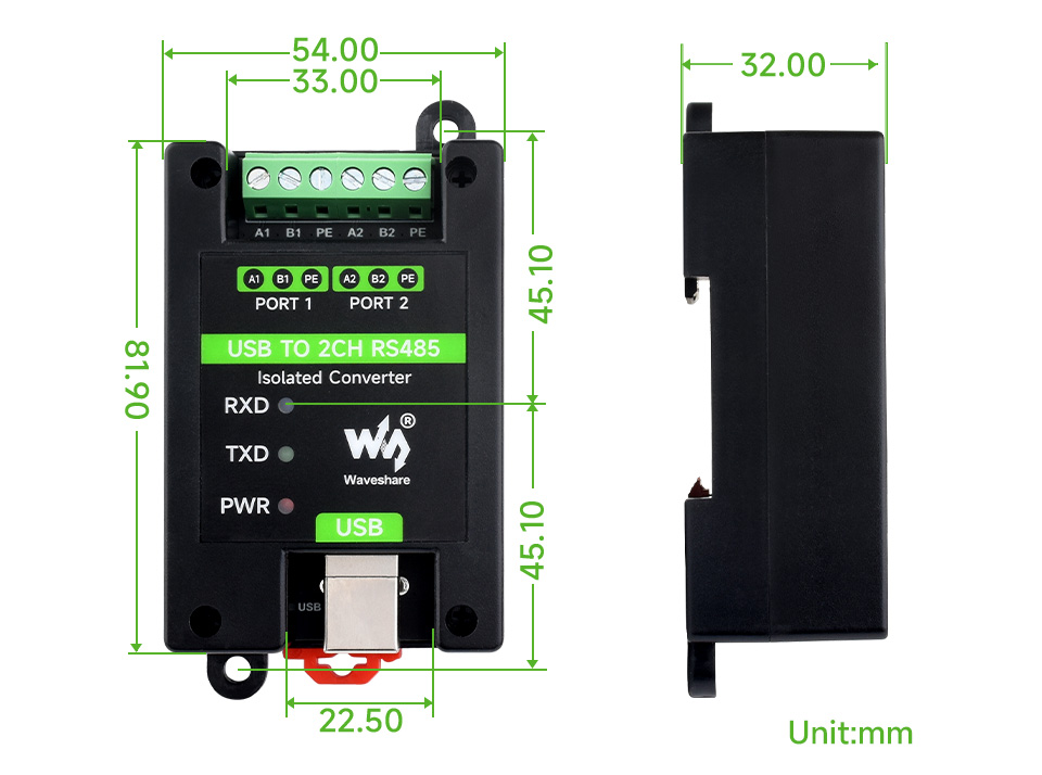 Габаритні розміри адаптера USB TO 2CH RS485